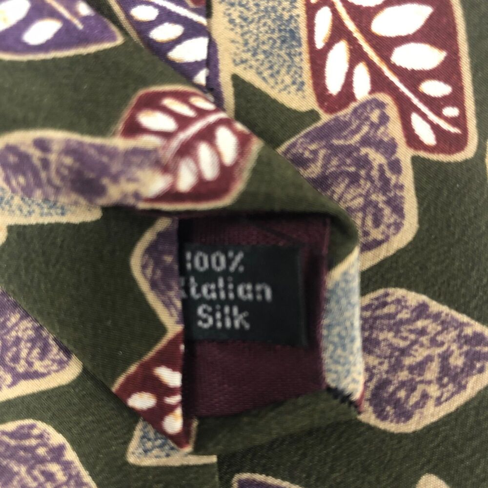 Halston 100% Italian Silk Tie Men's Designer Abstract Leaf Pattern Green Maroon - Picture 5 of 7